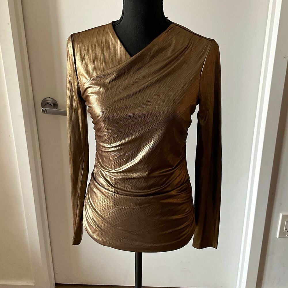 NWT/Elie Tahari Metallic Gold Bronze Faux Wrap Draped Ruched Blouse Top Evening